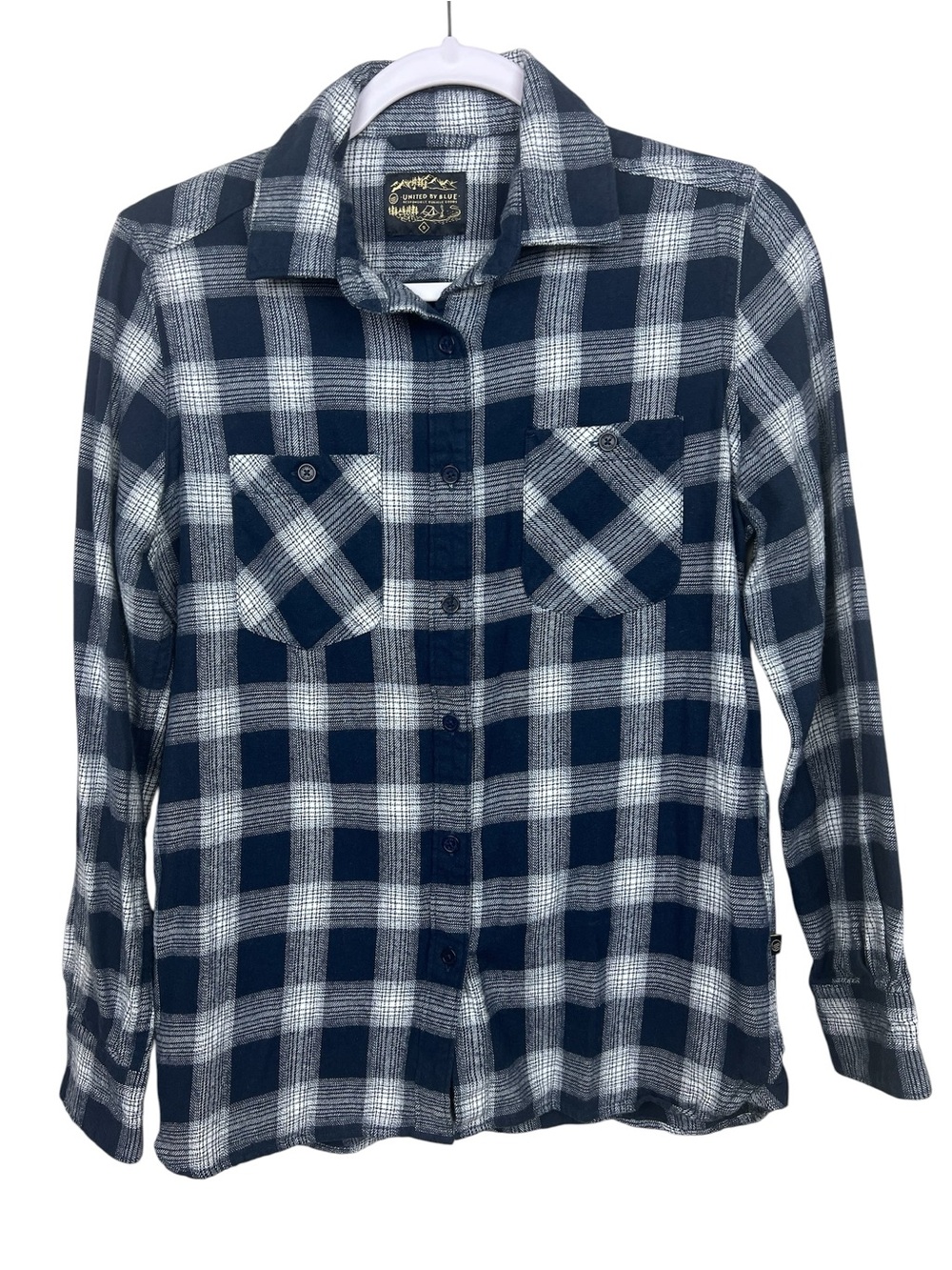 United By Blue  Navy & White Plaid Button-Up Shirt Women’s S Cotton Flannel